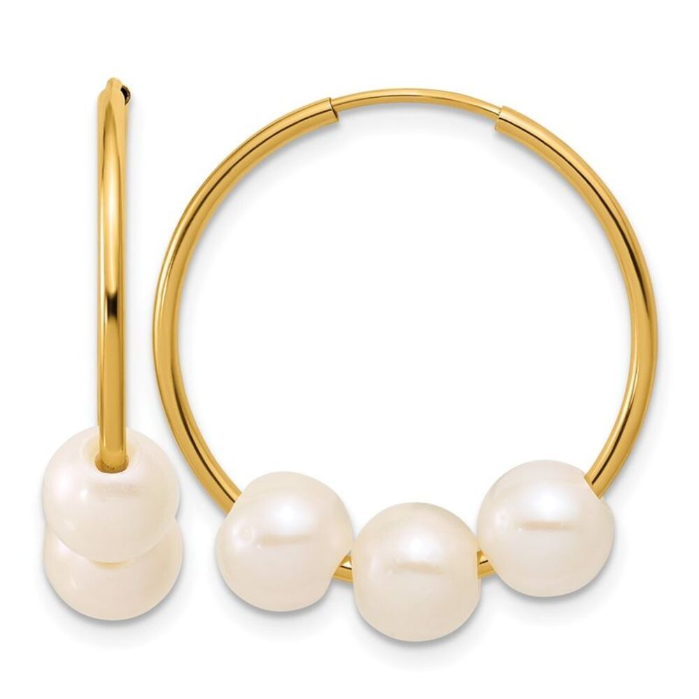 14K Gold Filled 5-6mm Trio White FWC Pearl Hollow Hoop Earrings, 25mm